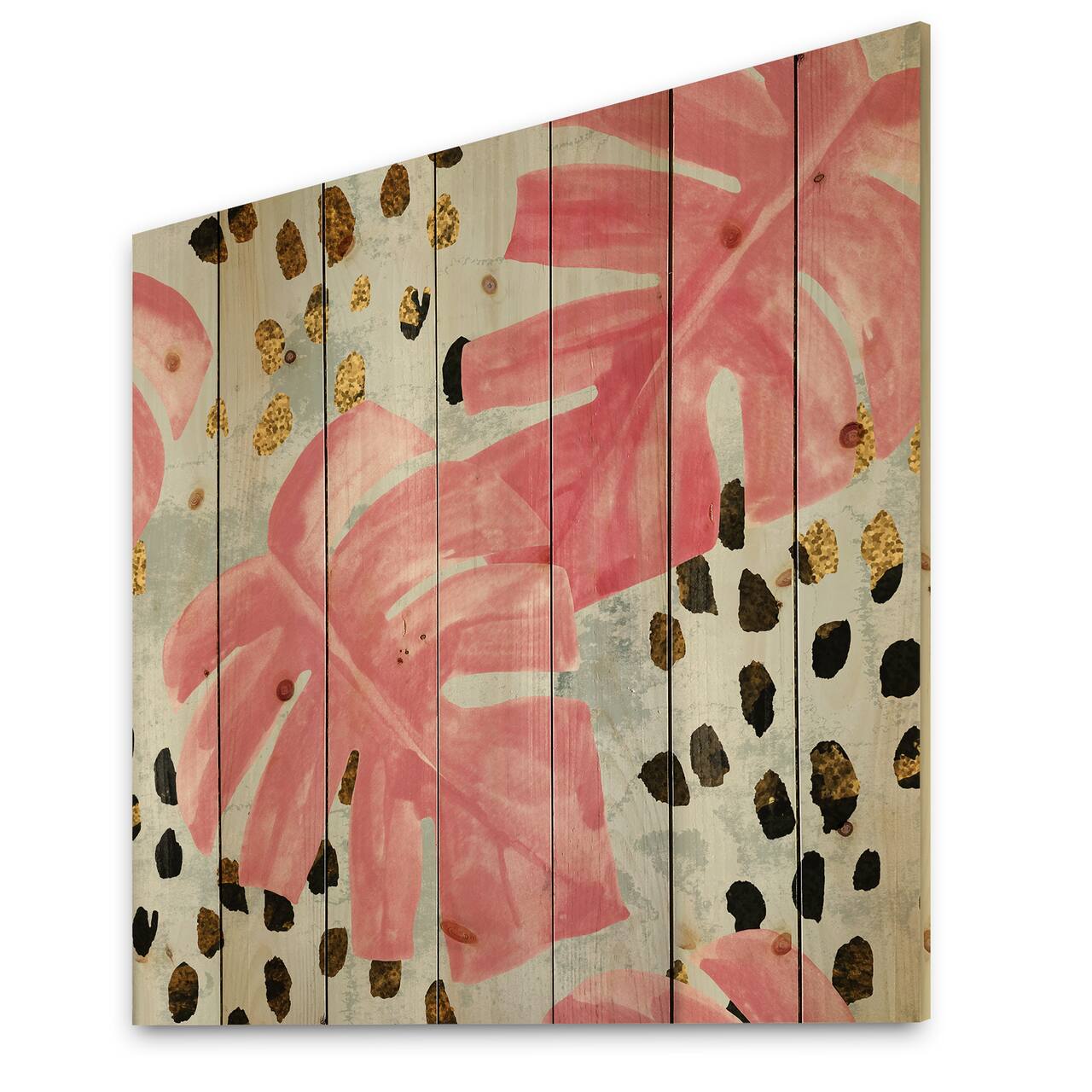 Designart - Pink Colored Monstera On Rough Brush Strokes II - Tropical Print on Natural Pine Wood